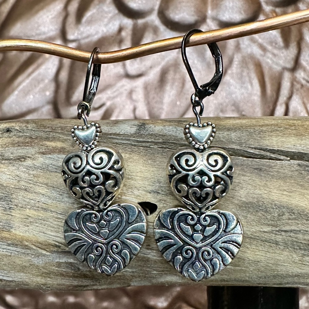 Victorian-Inspired Silver Double Heart Earrings